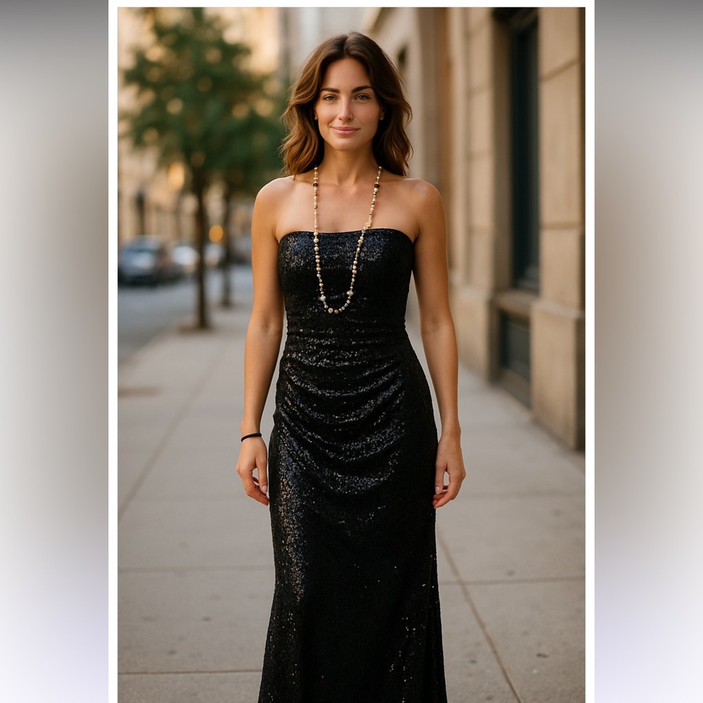 BADGLEY MISCHKA BLACK STRAPLESS FLOOR LENGTH SEQUINED GOWN WITH STRETCH SIZE 12